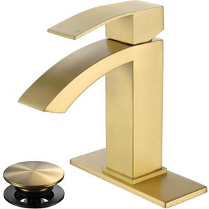 Gold Bathroom Faucet, Waterfall Bathroom Sink Faucet with cUPC Supply Hose and Pop Up Drain, Single Handle Single Hole Modern Faucet for Bathroom Vanity