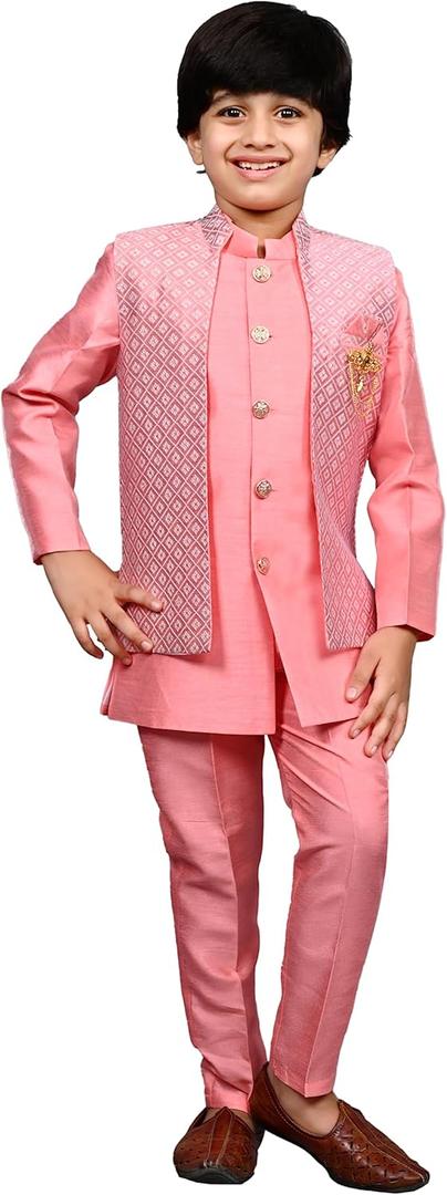 AHHAAAA Kids Indian Ethnic Silk Blend Waistcoat Kurta Pyjama Set Traditional Wear Bollywood Style Wedding Dress for Boys, 9, Pink