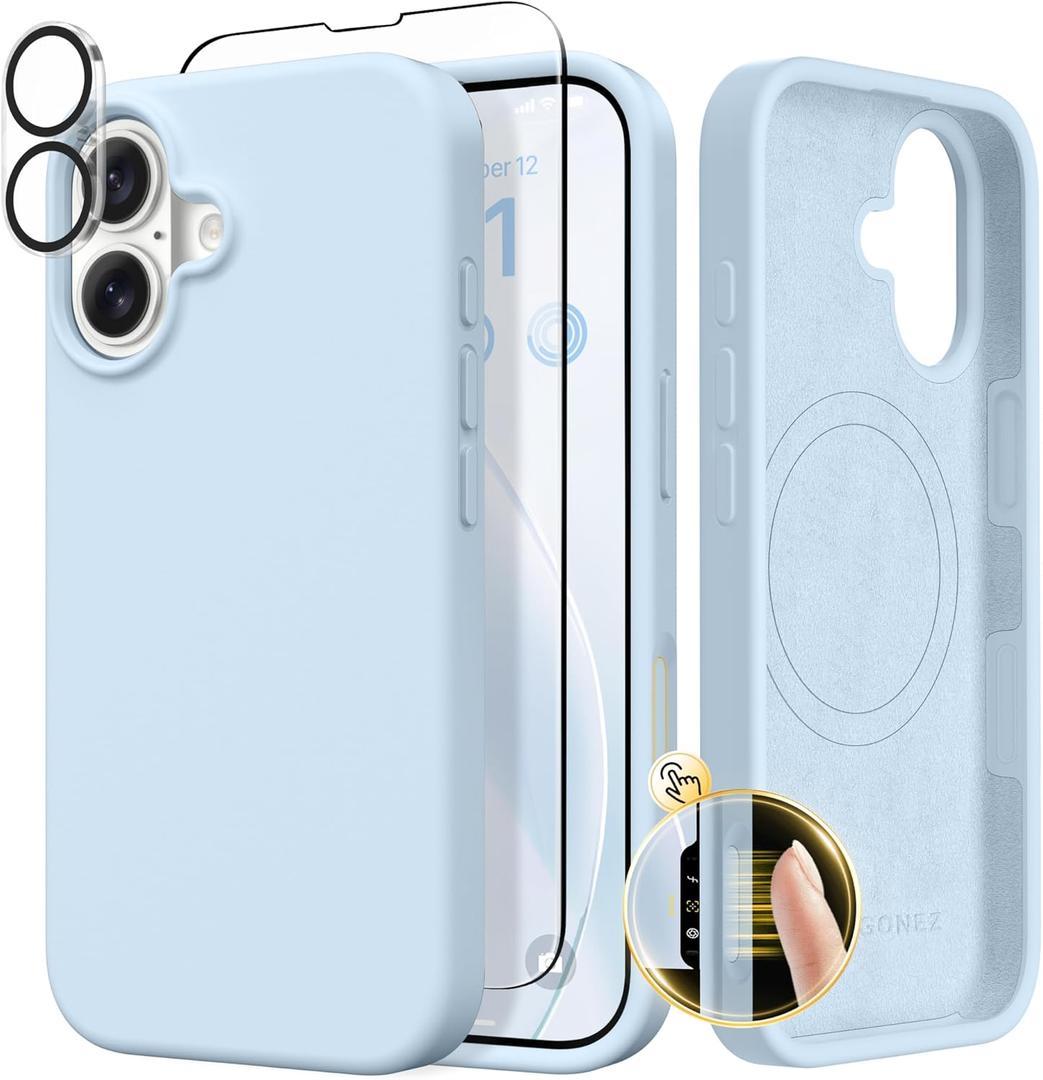 GONEZ Magnetic for iPhone 17 Case, Compatible with MagSafe, [Screen Protector + Camera Lens Protector], Liquid Silicone Anti-Scratch Shockproof Protective Phone Case 6.3 inch, Blue