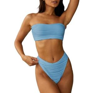 ZAFUL Women Strapless Textured Bandeau Bikini 2 Piece Swimwear Cheeky Solid Lace up Bathing Suits Size Large
