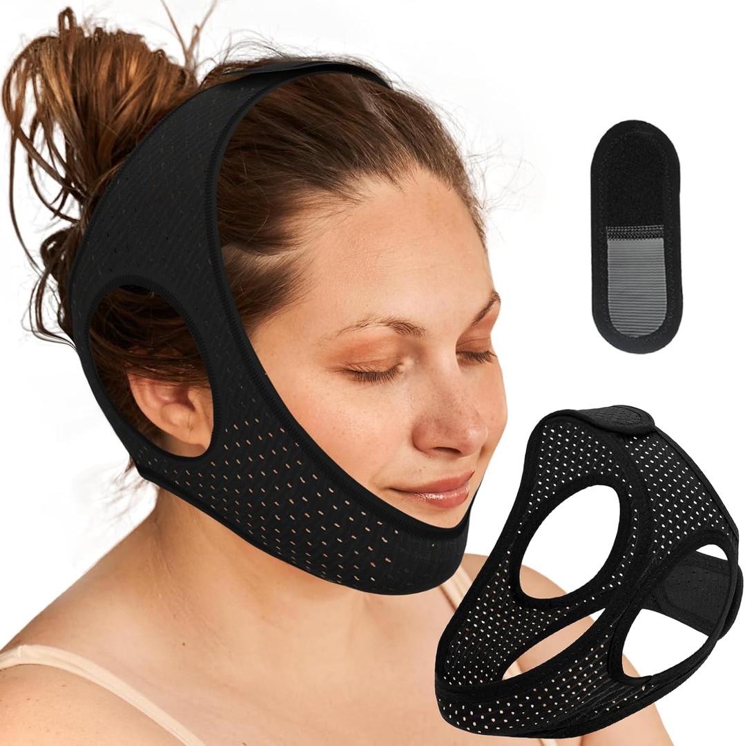 Sleep Apnea Devices - Chin Strap for Sleeping, Airflow Jaw Strap, Effective Anti Snoring Solution for Men and Women, Anti Snore Devices Breathable and Reusable (Black & 52CM & 1PCS