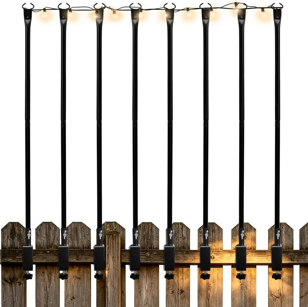Patio Light Poles for String Lights, 4FT 8 Pack Deck Poles for String Lights with Fence-Friendly Clamps, String Light Poles for Deck Railing Clamp Mount, Metal Hanging Posts for Backyard Garden Bistro