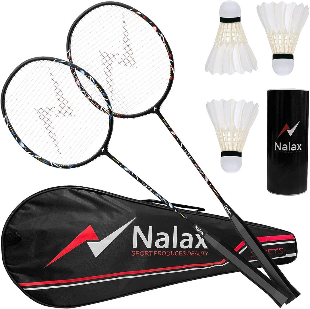 Nalax Badminton Set, 2 Player Badminton Rackets Professional Graphite High-Grade Badminton Racquet with 3 Shuttlecocks and 1 Carrying Bag for Outdoor Backyard Games Perfect for Adults Kids, One Size