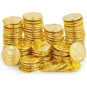 JOYIN 120 Pcs St. Patricks Day Gold Coins, Plastic Gold Coins Bulk with Shamrock, Leprechaun, Cauldron & Hat Patterns, St Patricks Accessories Games Gifts Decorations, Party Favors & Party Supplies
