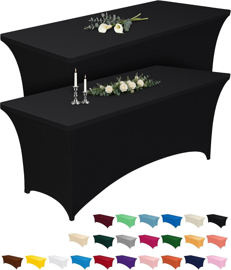 Pureegg Spandex Tablecloth 6ft - 2 Pack, Fitted and Tight Cloth for Rectangle Table, Wrinkle-Free and Stretch Table Cover for Party, Wedding, Banquet and Birthday, Black | Table Cloth for Rectangle Table Wrinkle-Free and Stretch, Rectangle,Table Cover for Party, Wedding, Banquet, Birthday