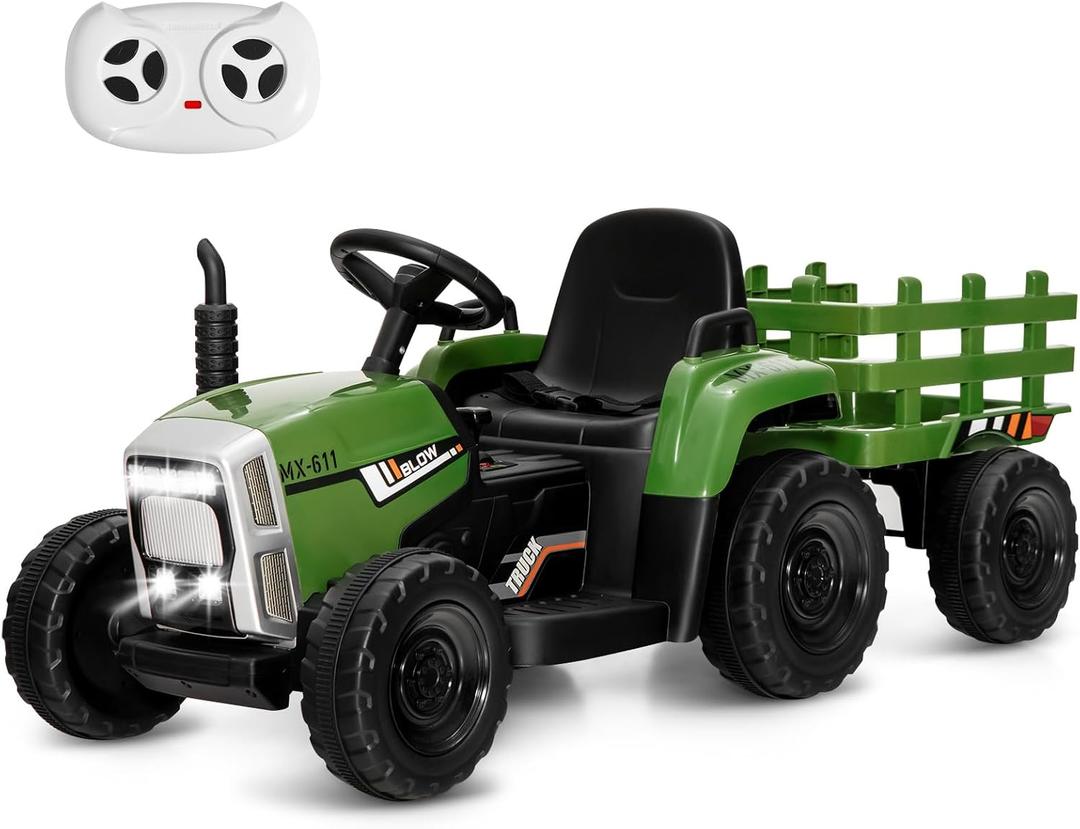 KOTEK Kids Ride on Tractor, 12V Battery Powered Ride on Car with Trailer, Remote Control, 35W Dual Motors, 3-Gear-Shift, 7 LED Headlights, Electric Tractor Outdoor Gift for Boys Girls, Dark Green