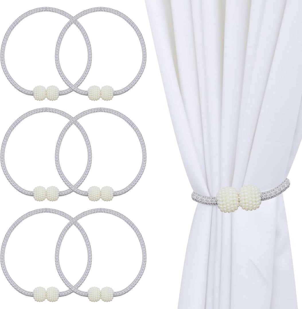 6 Pack Magnetic Curtain Tiebacks for Home Bedroom Office Window Dcor, Modern Handmade Decorative Curtain Holdbacks for Curtains Draperies (Grey & White)