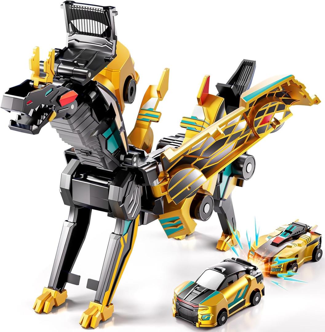 Collision Transforming Dinosaur Car Toy, 2 in 1 Magnetic Cars Collision Transform into Dinosaur Toys for Boys Girls Age 3 4 5 6 7 8 9 10, Christmas Birthday Gift for Kids 3-12 (Golden)