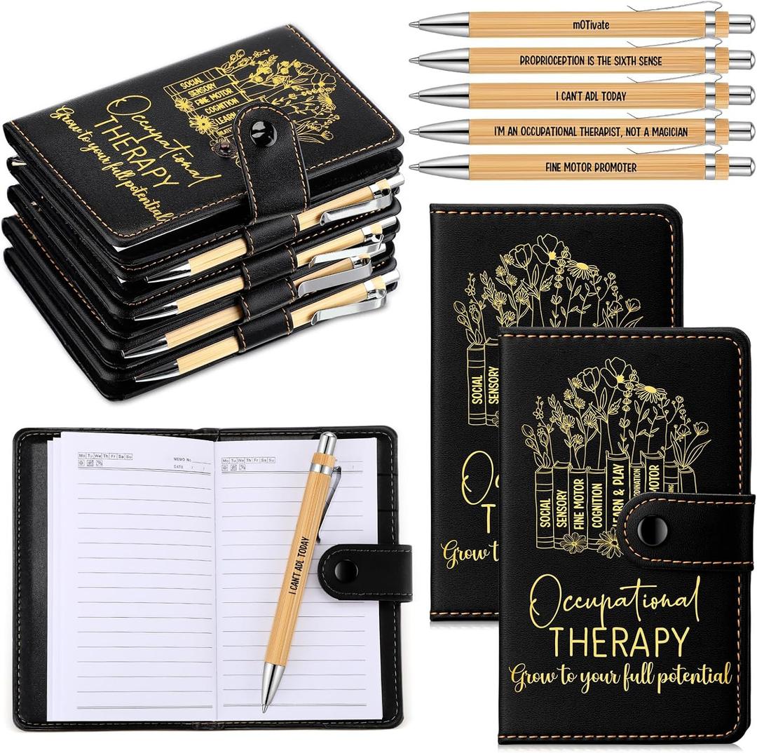 TaoBary 24 Sets Occupational Therapy Month Appreciation Gift Bulk Black A6 Leather Notebook Journal with Bamboo Pen for Occupational Therapist Staff Coworker Nurse Graduation Supplies (OT Classic)