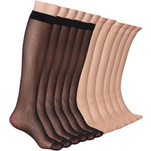 12 Pairs Knee High Stockings for Women, 20 Denier Sheer Nylon Socks for Women (One Size, 6black 6nude)