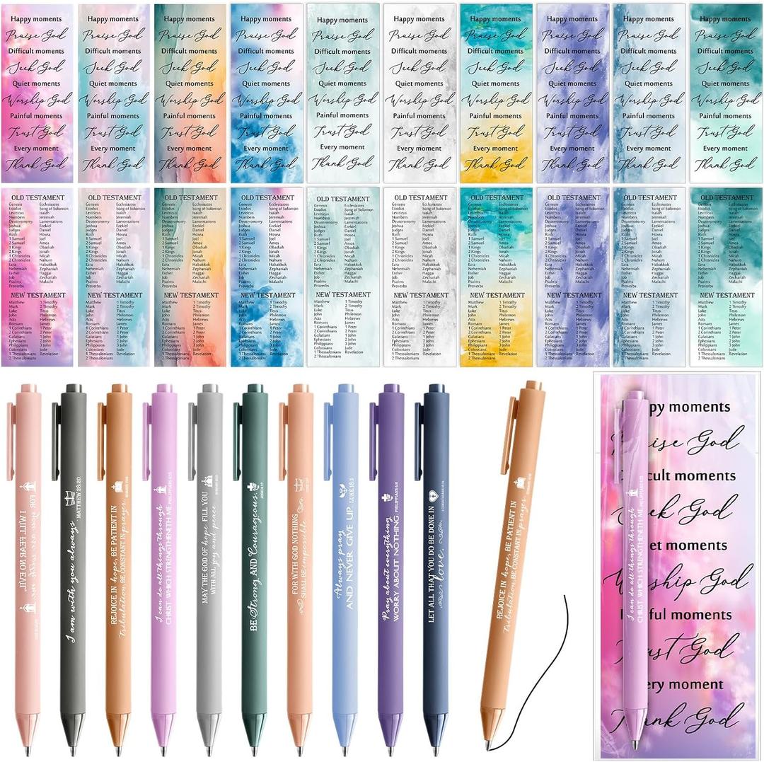 200 Pcs Christian Gifts Bulk for Women 100 Bible Verse Ballpoint Pens and 100 Church Religious Bookmarks Scripture Gifts for Sunday School Church Members Supplies Mothers Day, Watercolor
