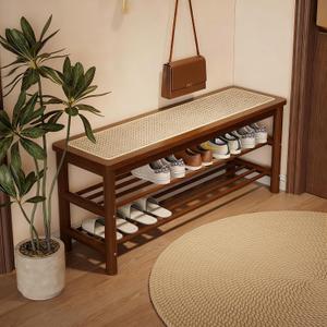 Bamboo Shoe Rack Bench with Rattan Seat, 3-Tier Shoe Storage Bench, Entryway Bench for Hallway,Walnut 39.4 inches