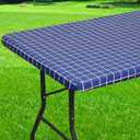 Rectangle Vinyl Table Cloth 30x96, Waterproof Elastic Fitted Tablecloth with Flannel Backing, Plastic Table Cover for Picnic, Camping, Outdoor, Navy