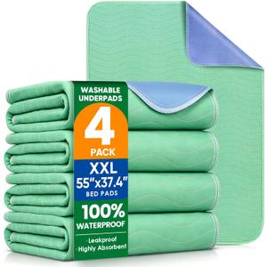 4 Pack 55" x 37" Reusable Heavy Absorbency Washable Underpads, Waterproof Mattress Protector Incontinence Bed Pads, Washable Pee Pads for Adults, Kids, Elderly, Dogs and Pets