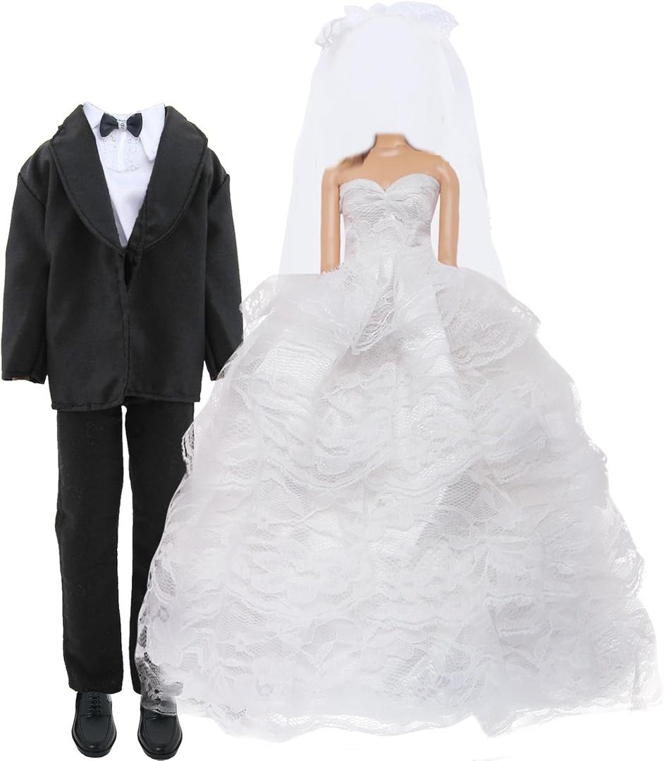 Wedding Outfit Set Including 1 White Wedding Dress with Veil 1 Formal Business Suit 2 Shoes,Bride Gown Groom Clothes Suit for 11.5 inch Girl & Boy Dolls (NO Doll)