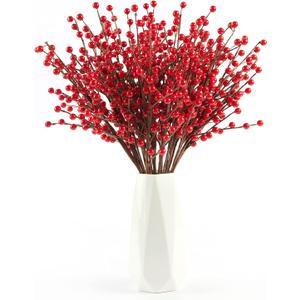 joyhalo 24 Pack Red Berry Stems - 17'' Holly Berry Stems, Red Berries Christmas Decor, Red Berry Picks for Christmas Tree Filler Branches, Artificial Cranberries Ornaments Crafts Holiday Home Decor