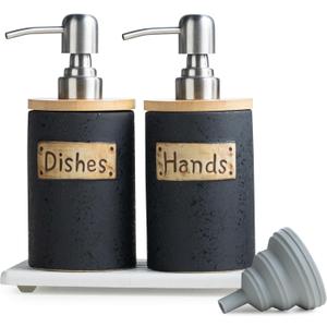 Kitchen Soap Dispenser Set, Ceramic Hand and Dish Soap Dispenser for Bathroom, Includes Instant Dry Tray, Collapsible Funnel, 15 Oz, Black