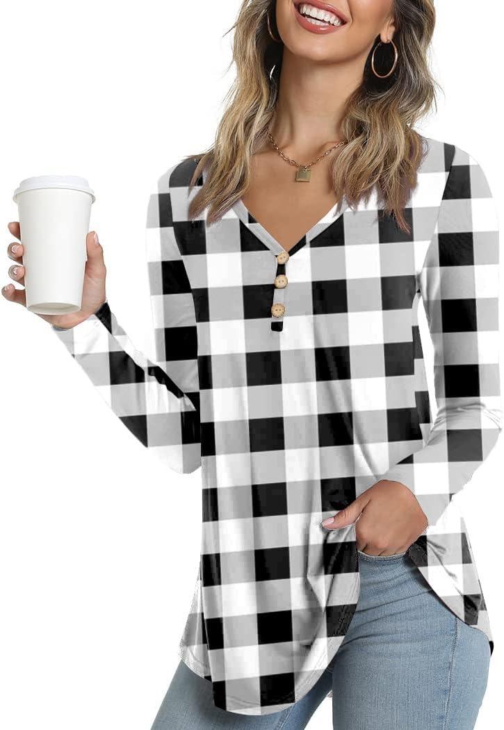 AWULIFFAN Womens Summer Short Sleeve Tunic Tops Loose Fit Casual T-Shirt Button Up Blouses (Small, 42 Black White Grid)