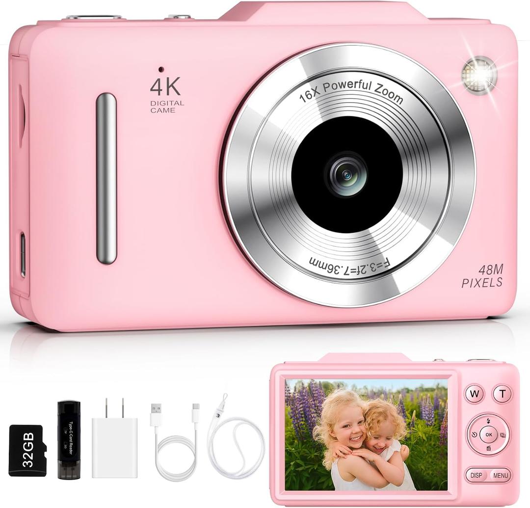 Digital Camera 4K Autofocus Vlogging Camera for Photography with 16X Zoom Anti Shake, 32GB Card, 48MP Compact Portable Point and Shoot Camera for Kids Boys Girls Teens Beginner, Pink