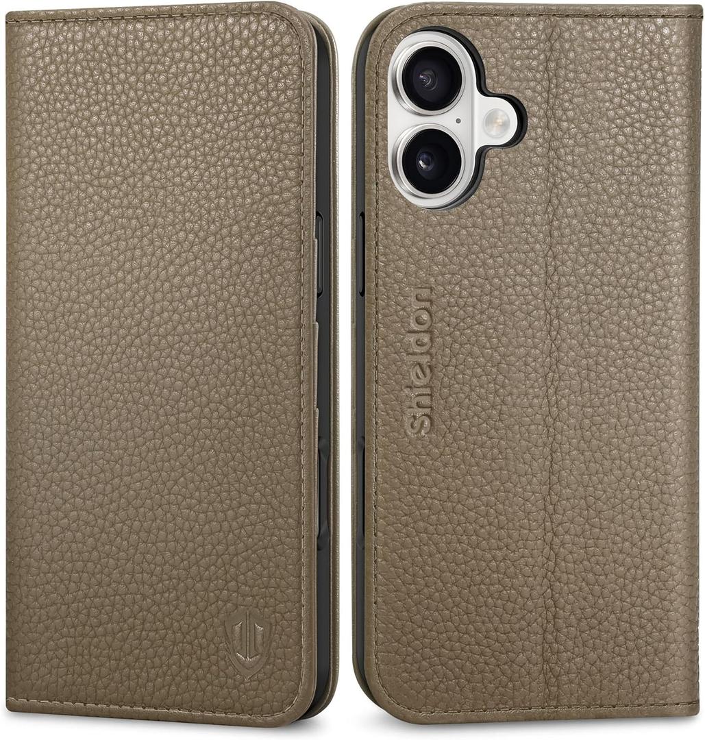 SHIELDON Wallet Case for iPhone 16 Plus 6.7", Genuine Leather Book Cover RFID Blocking Credit Card Slots Magnetic Closure Shock Absorbing Phone Case Compatible with iPhone 16 Plus 2024 - Pebbled Khaki