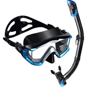 Adult Pano 3 Scuba Diving Mask, Tempered Glass Snorkel Mask Anti-Fog Swim Mask No Leakage Swim Goggles with Nose Cover Snorkeling Gear for Snorkeling, Freediving, Swimming (Blue Set)