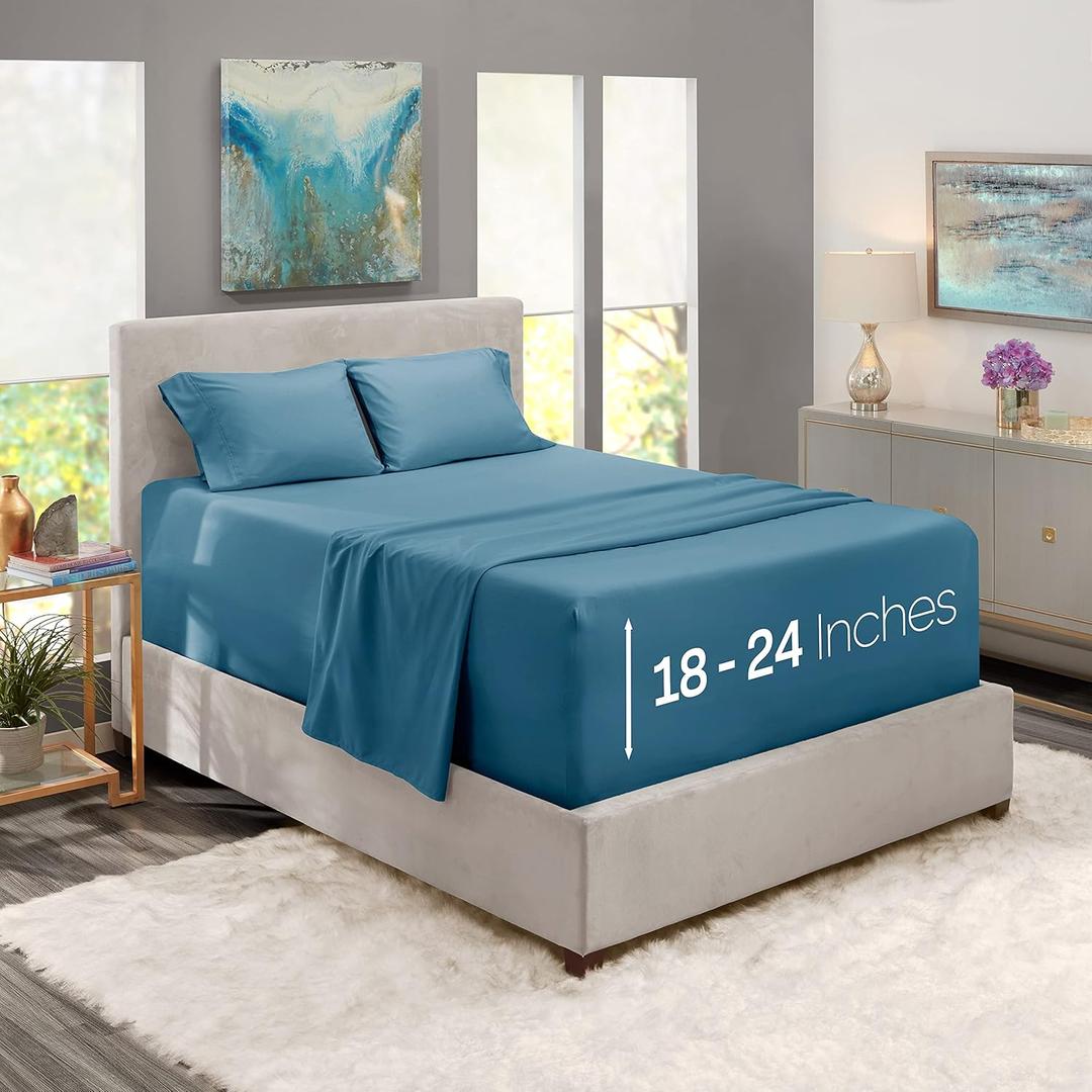 Nestl Queen Size Sheet Set, 4 Piece Extra Deep Pocket (18-24 inches), Microfiber, Hotel Luxury, Soft, Breathable, Wrinkle-Free, Easy to Care, Blue Heaven