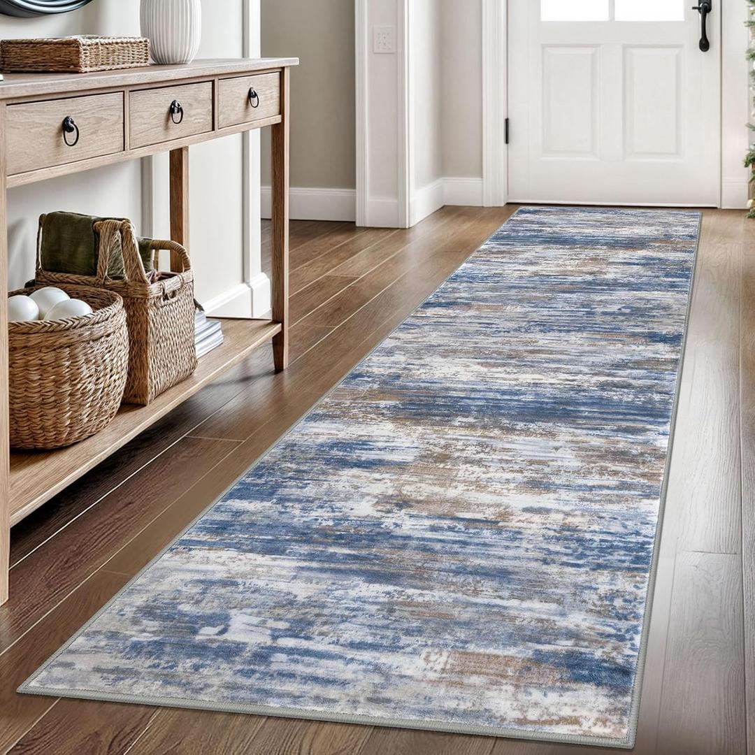 KOZYFLY Modern Abstract Hallway Runner Rug, 2.6x8 Washable Rug Runner Non-Slip Soft Striped Kitchen Runner Rugs, Print Blue Rust Carpet Runner for Entryway Bathroom Laundry Room Foyer