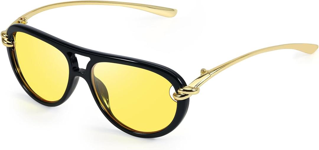 Oversized Aviator Sunglasses for Women with Gold Temples Trendy Large Big Double Bridge 2025 Designer Ladies Shades (A- Black/Yellow)