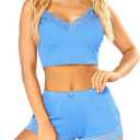 RSLOVE Pajamas Set Women's V-Neck Sleeveless Sleepwear PJ Set Soft Lace Cami Set with Short Pants Nightwear (Blue, XXL)