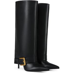 Fold Over Boots for Women, Heeled Knee High Leather Boots with 4-Inch Stiletto Heel, Wide Calf & Shark Boots for Casual and Evening Wear (9.5, Black)