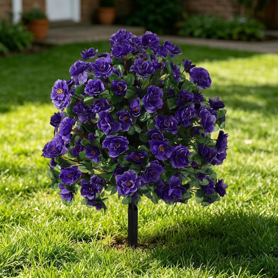 Artificial Flowers for Outdoor with Ground Spike, 22" Faux Azalea Silk Floral Topiary Ball Bushes Shrubs for Garden Yard Patio Home Decor, UV Resistant (Purple)