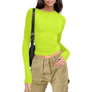 Womens Long Sleeve Shirts Basic Tees Y2k Slim Fit T Shirt Crew Neck Trendy Crop Top Casual (Medium, 02#neon Green)