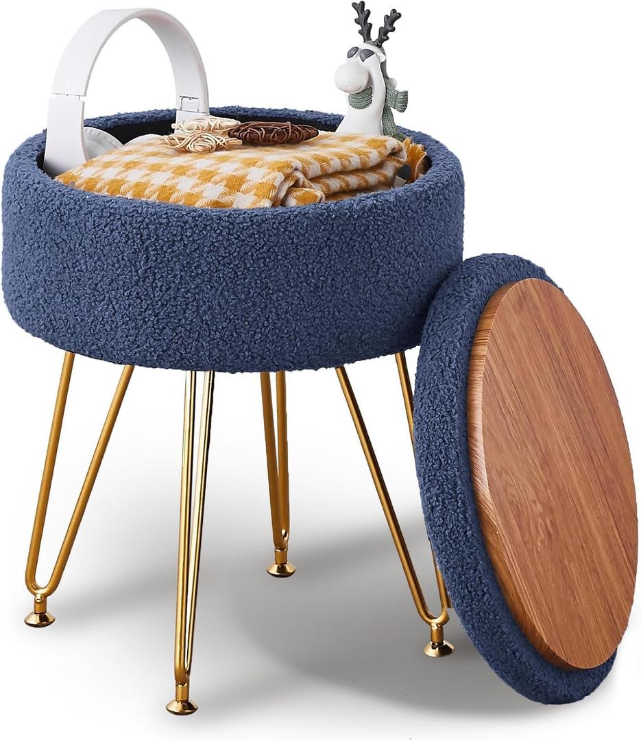 Wimarsbon Storage Ottoman,Teddy Velvet Vanity Stool,Soft Padded Seat,Round Footrest with Removable Cover and Adjustable Legs,Modern Decorative Accent Footstool or End Table for Hallway (Grey-Blue)