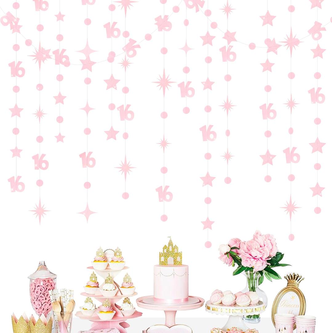 Glitter Pink Number 16 Circle Dot Twinkle Star Garland Hanging Streamer Bunting Banner Backdrop Decorations for Girls Happy 16th Birthday Sweet Sixteen 16th Anniversary Cheers to 16 Years Party Decor