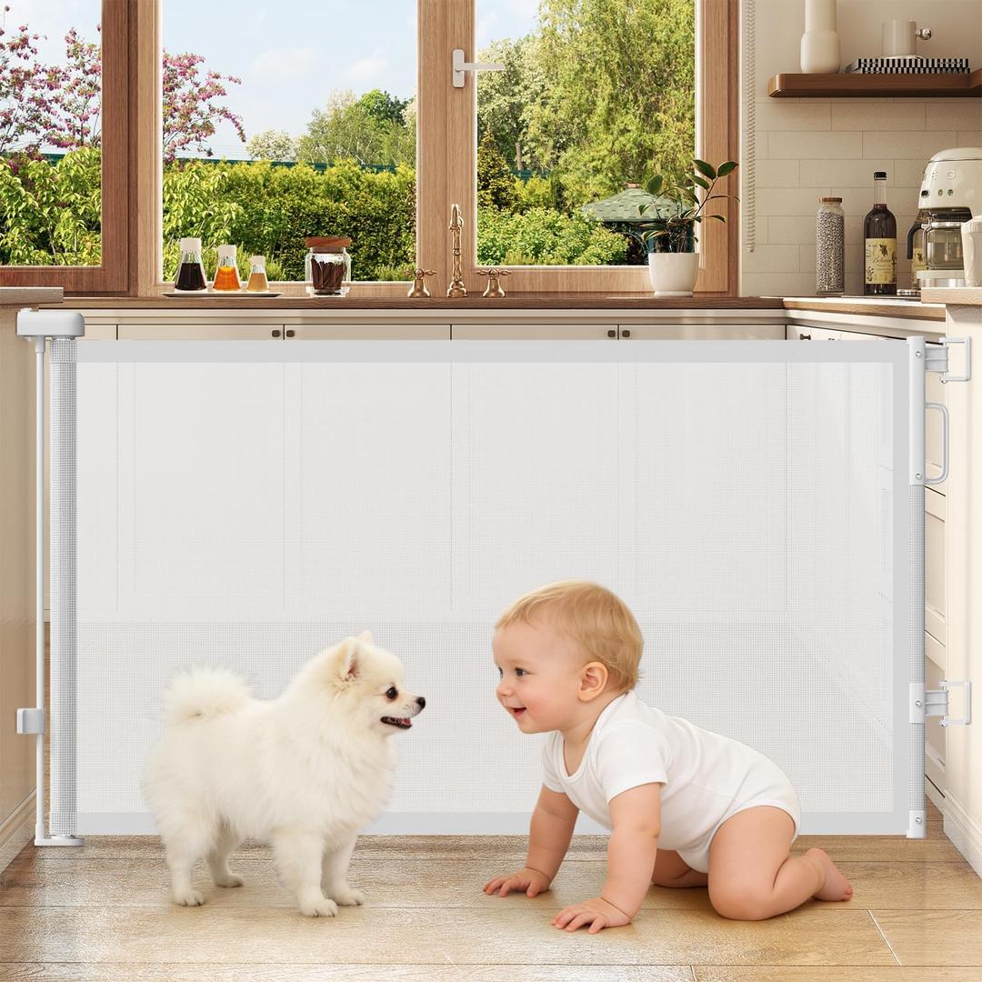 Retractable Baby Gates for Doorways, 58" Extra Wide Mesh Child Dog Gate for Stairs, 34" Tall Toddler Pet Gate Indoor and Outdoor, Easy Install, Essential for Home Safety, White