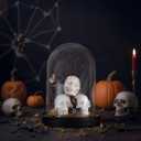 Halloween Decorations Indoor, Lighted Skull in Plastic Dome Cloche with Bat, Gothic Decor Cute Spooky Halloween Ghost Decor for Tabletop Mantel Display