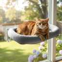Cordless Cat Window Perch, Foldable Cat Window Hammock, 4 Strong Suction Cups, Solid Metal Frame, Patented Hook Design, Cushion Grey, L