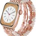 VISOOM Beaded Boho Bracelet for Apple Watch Series 11 10 Se 9 8 7 6 5 4 3 2 1 Bands 42mm 41mm 40mm 38mm Women, Fashion Handmade Cute Crystal beads Stretchy Watch Strap for Iphone iWatch Bracelet Bands (Pink Khaki)