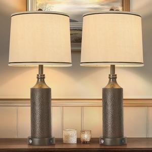 AIDENOEY 27.5" H 3-Way Dimmable Touch Control Table Lamp Set of 2，Vintage Bedside Lamp Nightstand Lamps with USB A+C Ports, Black Brown Finish Resin Table Lamp, for Living Room,Bedroom，Office
