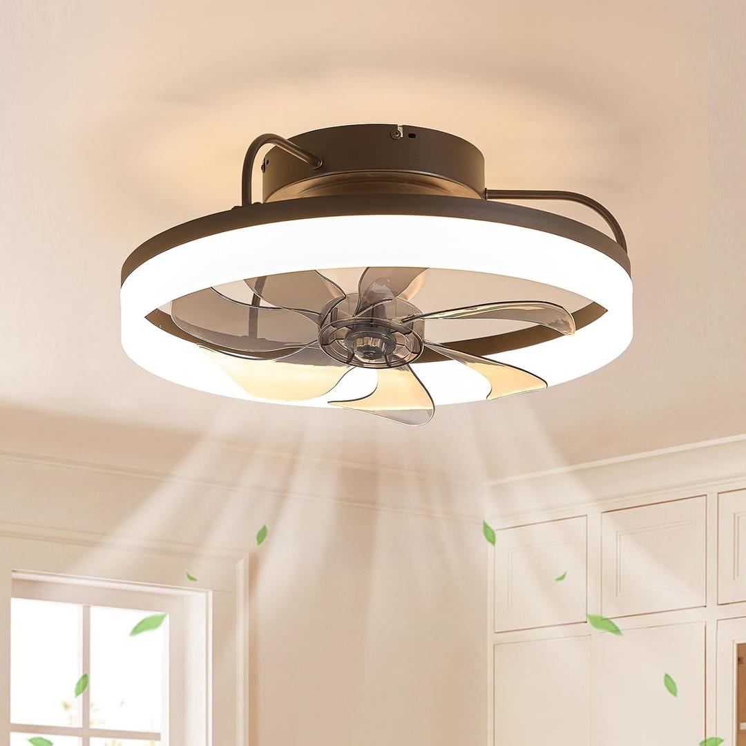360 Rotating Ceiling Fan with Lights and Remote, 19.7" Low Profile Ceiling Fans 6 Wind Speeds, Modern Smart Dimmable LED Fandelier for Bedroom, Kids Room