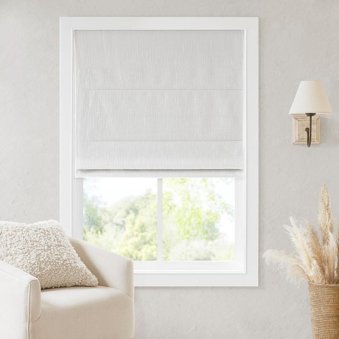 Madison Park Cordless Roman Shades, Total Blackout Window Blind Privacy Window Shades, Thermal Insulated Cordless Window Treatment for Bedroom, Living Room, Quincy, Single Panel 27" W X 64" H White