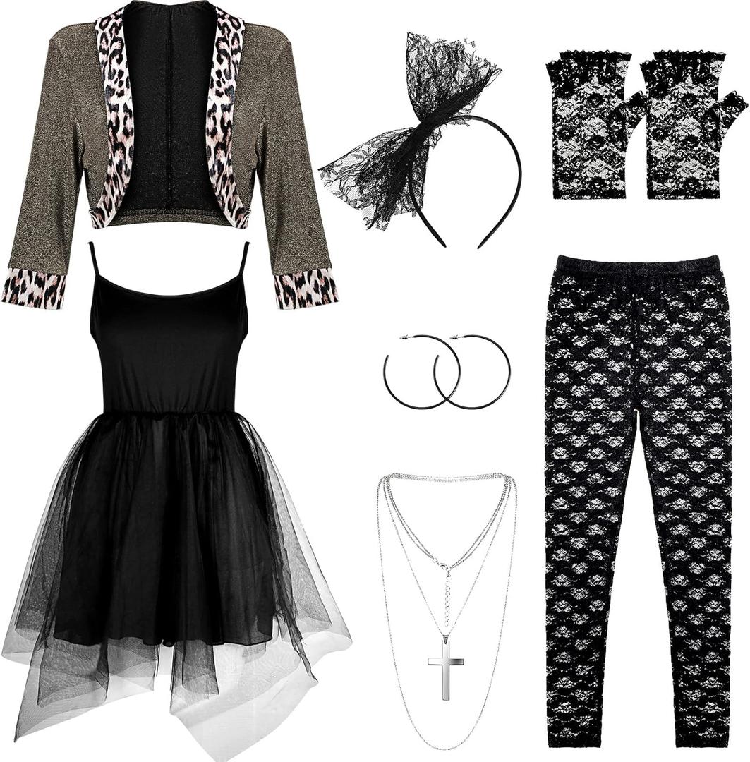 Boyiee Womens 80s Costume Set Dress Jacket Headband Earrings Necklace Lace Legging Gloves Halloween 80s Themed Costumes (Large)