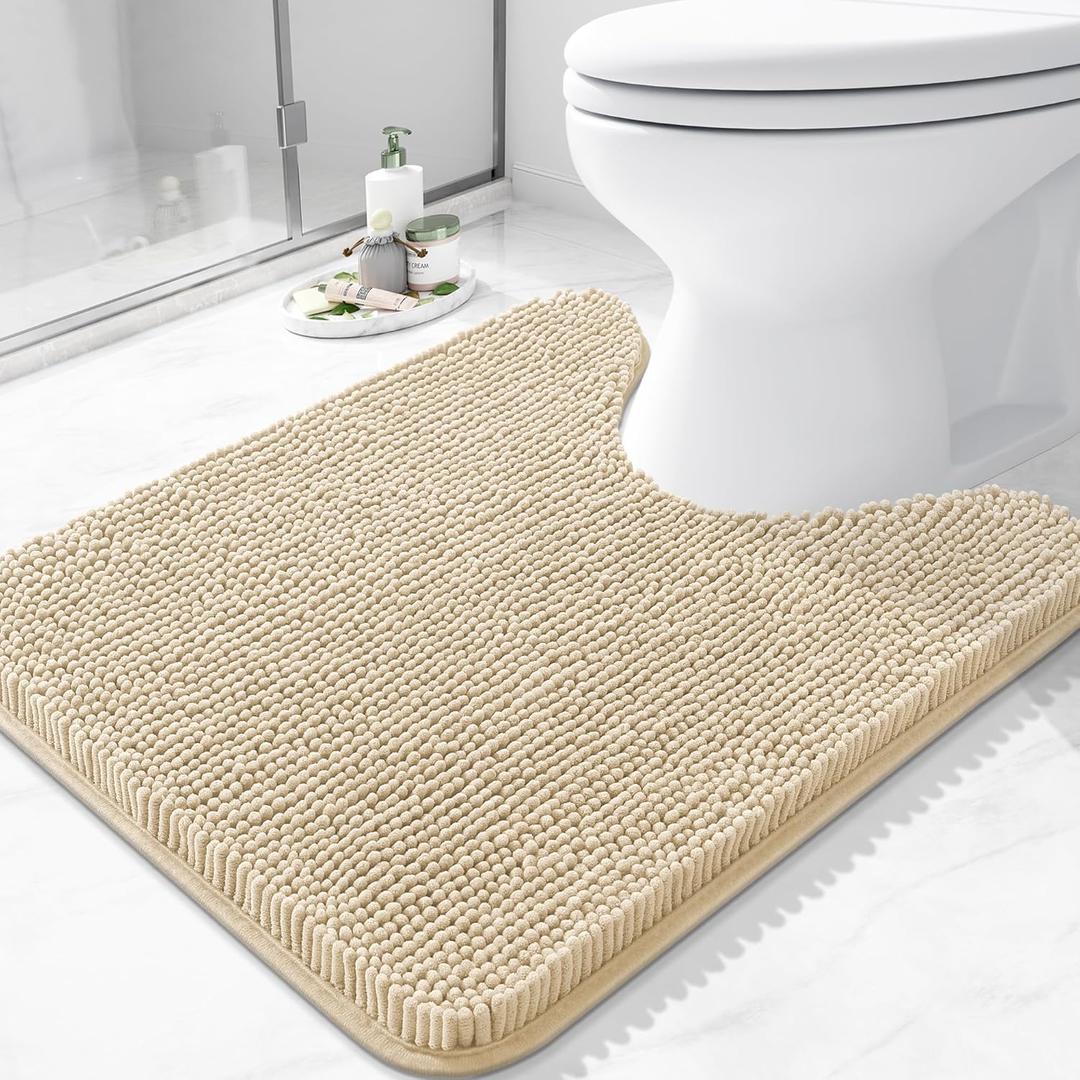 Arotive Bathroom Toilet Rugs U Shaped 24x20, Extra Soft Absorbent Shaggy Chenille Contour Bath Rugs for Toilet, Machine Washable Non-Slip Contoured Bath Mats, Beige