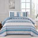 WONGS BEDDING Boho Quilt Set Super King Size, Blue Bohemian 3 Pieces Quilt Sets, Lightweight Bedspread Coverlet Bedding Set for All Season (120"x114")