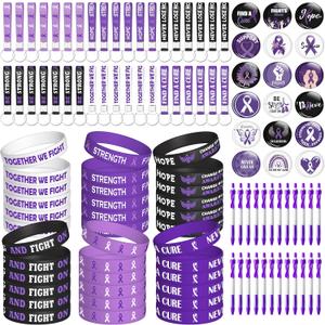 WATINC Ribbons Awareness Accessories Kits - 144PCS Purple Ribbon Week Awareness Set 36 Silicone Bracelets 36 Rubber Keychains 36 Button Pins 36 Pens Gifts for Charity Events Party (Purple Ribbon Week)