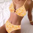 Tainehs Women's Two Piece Bikini Sets O Ring Front Top Ditsy Floral Triangle Swimsuits Cheeky Bathing Suit, Orange Flower Small