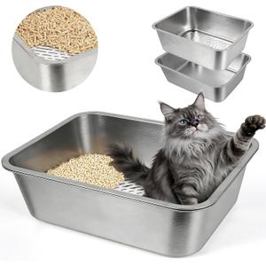 Stainless Steel Sifting Litter Box with Sifter,23.6'' Metal Cat Sifting Litter Box for Pine Pellets,High Side to Prevent Litter Tracking for Big Cat Multi Cats,Anti-Urine Leakage,Easy Cleaning(Large)