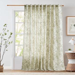 jinchan Linen Floral Curtains Extra Wide for Patio Sliding Glass Door Room Divider Curtain for Living Room 96 Inch Length Farmhouse Peony Green Printed Curtain Set 1 Panel