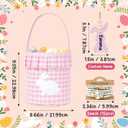 2 Pack Easter Basket with Bunny Name Tags Pink Purple Gingham Fabric with Embroidered Bunny Pattern Bucket with Handle and Ruffle Trim Reusable Rabbit Gift Bag for Easter Eggs Hunt Decorations