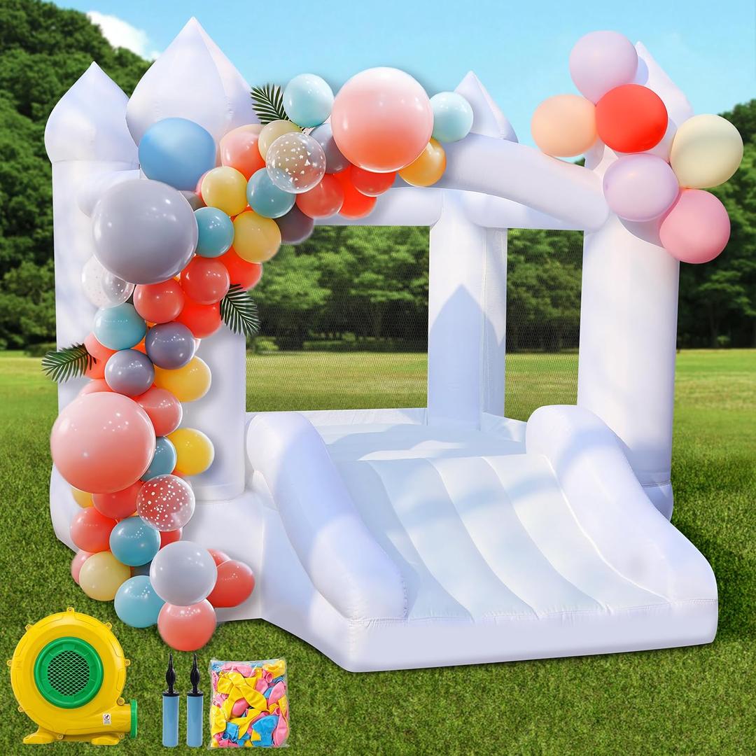 White Bounce House for Kids: Portable Inflatable Bouncy House with Blower for Indoor Outdoor Birthday Party, Wedding - Small Bouncy Castle with Slide and Storage Bag for Kids 3-6